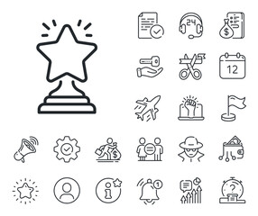 Success reward symbol. Salaryman, gender equality and alert bell outline icons. Rank star line icon. Best result sign. Winner cup. Winner line sign. Spy or profile placeholder icon. Vector