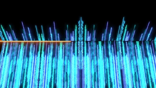 Modern wall scifi animation of nen lights beam path with glowing energy flow. Cyber data traveling in black background
