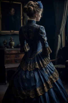 Rear view of woman in Victorian era clothes. Generative AI