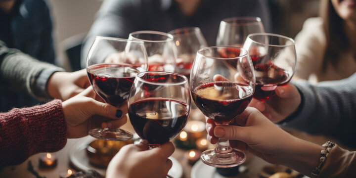 Close up of group of friends toasting with glasses of red wine at restaurant