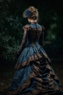 Rear view of woman in victorian dress. Generative AI