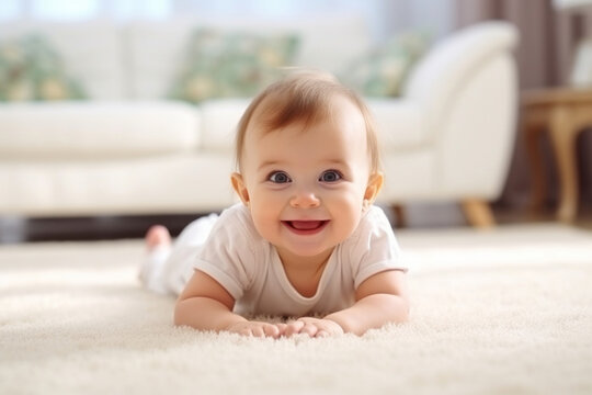 Beautiful baby crawling on white rug. Generative AI