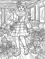 Thanksgiving Girl with Scarecrow Adults Coloring