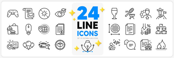 Fototapeta na wymiar Icons set of Waterproof, Search car and Leadership line icons pack for app with Text message, Deflation, Heart thin outline icon. Scroll down, Fish grill, Document signature pictogram. Vector