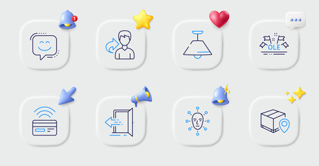 Face biometrics, Ole chant and Contactless payment line icons. Buttons with 3d bell, chat speech, cursor. Pack of Share, Ceiling lamp, Entrance icon. Parcel tracking, Smile face pictogram. Vector