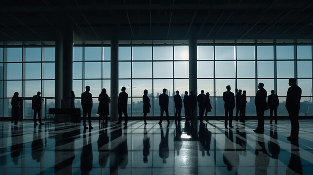 Blue skyline gathering, Silhouette business people meet in seminar conference Generative AI