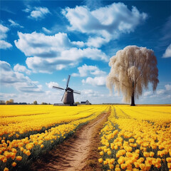 Spring landscape with a field of yellow tulips and a windmill.