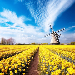 Spring landscape with a field of yellow tulips and a windmill.