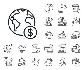 International outsourcing sign. Plane jet, travel map and baggage claim outline icons. Global business line icon. Financial marketing symbol. Global business line sign. Vector