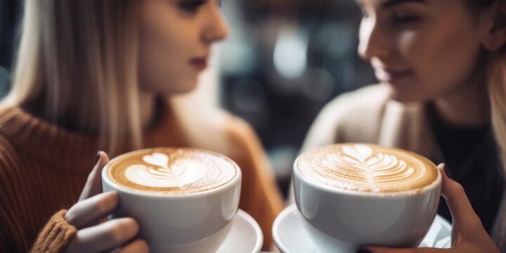  Two young women enjoy coffee at a coffee shop