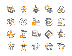 Color energy icons set. Battery and solar panel, factory. Nuclear or hydro station. Atom or molecule structure, fuel barrel. Oil and gasoline. Flat vector collection isolated on white background