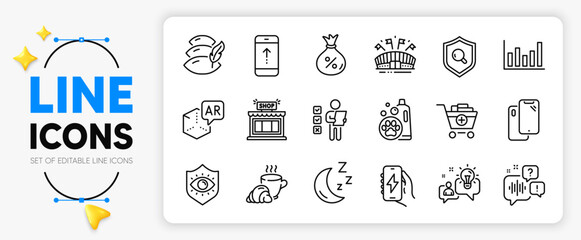Coffee break, Add products and Inspect line icons set for app include Voting ballot, Idea, Swipe up outline thin icon. Pillow, Sports arena, Shop pictogram icon. Augmented reality, Loan, Moon. Vector