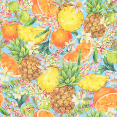 Watercolor Vintage Tropical Summer Fruit Seamless Patternon Blue