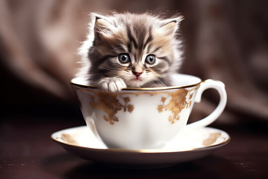 Cute kitten sits in a white and gold tea cup on a beige background. Generative AI