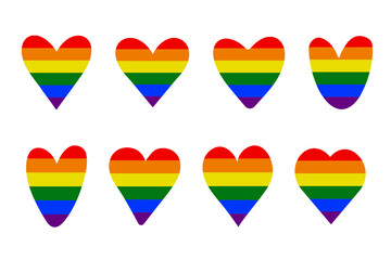 A set of different shaped hearts in the color of the LGBT flag, Lesbian gay bisexual transgender concept love symbol. Vector