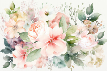 Watercolor floral bouquet set with green leaves, pink peach blush white flowers 
created using AI tools