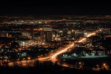 Fototapeta na wymiar Nighttime view of Billings, Montana with illuminated skyscrapers and street lights. Generative AI