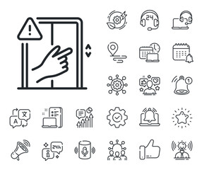 Hand warning sign. Place location, technology and smart speaker outline icons. Dont touch lift buttons line icon. Elevator hygiene notification symbol. Dont touch line sign. Vector
