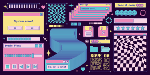 Neon retro pc elements, user interface, psychedelic mood in trendy retro style 2k rave. Vector illustration of 1990s nostalgia.