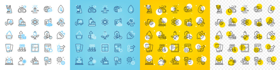 Vector icons set of Baggage belt, Engineer and Window line icons pack for web with Teamwork, Treasure map, Online voting outline icon. Eco power, Marriage rings, Bike timer pictogram. Vector