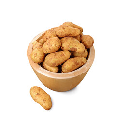 Harvested potatoes in an wooden bucket