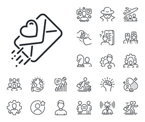 Heart mail sign. Specialist, doctor and job competition outline icons. Love letter line icon. Valentine day symbol. Love letter line sign. Avatar placeholder, spy headshot icon. Strike leader. Vector