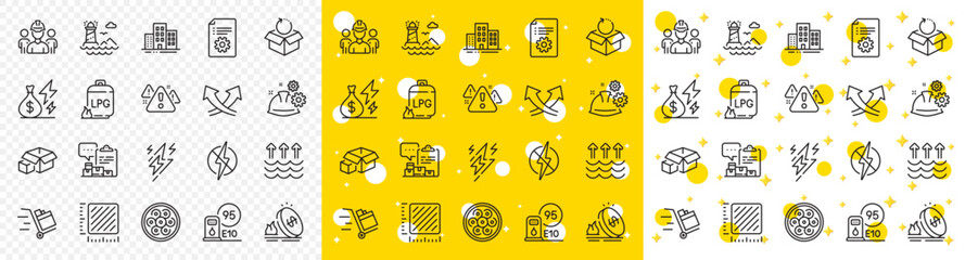 Outline Intersection arrows, Return package and Engineering team line icons pack for web with Electricity price, Working process, Cable section line icon. Gas price, Lighthouse. Vector