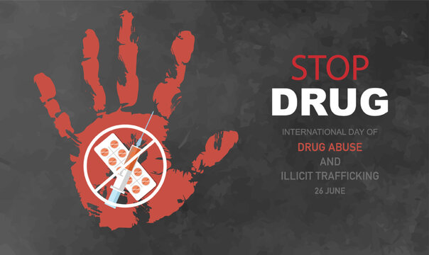 Drug abuse day. Handprint with crossed out pills and syringe. International Day of Awareness and Quit Bad Habits, stop drugs, illict trafficking June 26. Cartoon flat vector illustration