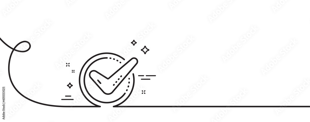 Poster check mark line icon. continuous one line with curl. accepted or approve sign. tick symbol. confirme