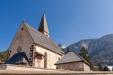 Fototapeta na wymiar Detail of a church in Italian Dolomites - Alps in Europe on a beautiful sunny day.