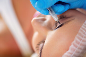 Permanent makeup for eyebrows. Closeup of beautiful woman with thick brows in beauty salon. - 605033203