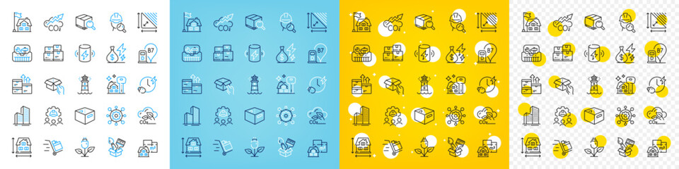 Vector icons set of Co2, Co2 gas and Inspect line icons pack for web with Skyscraper buildings, Charging time, House dimension outline icon. Floor plan, Hold box, Framework pictogram. Vector