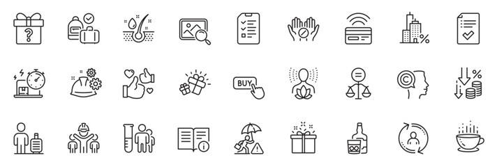 Fototapeta na wymiar Icons pack as Risk management, Working process and Whiskey glass line icons for app include Yoga balance, Technical info, Engineering team outline thin icon web set. Like, Search photo. Vector