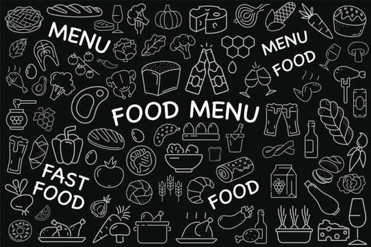 Food line banner. Set of minimalistic icons. Vegetables and fruits, meat. Fast food and eating healthy. Collection of dishes at black background, wallpaper. Flat vector illustration