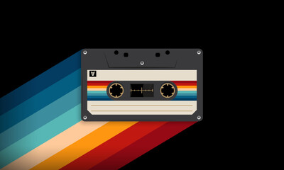 Retro musiccasette with retro colors eighties style, cassette tape, vector art image illustration, mix tape retro cassette design, Music vintage and audio theme,  Synthwave and vaporwave template
