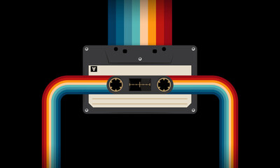 Retro musiccasette with retro colors eighties style, cassette tape, vector art image illustration, mix tape retro cassette design, Music vintage and audio theme,  Synthwave and vaporwave template
