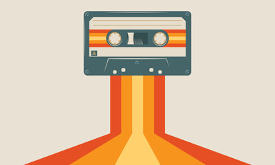 Retro musiccasette with retro colors eighties style, cassette tape, vector art image illustration, mix tape retro cassette design, Music vintage and audio theme,  Synthwave and vaporwave template
 - obrazy, fototapety, plakaty