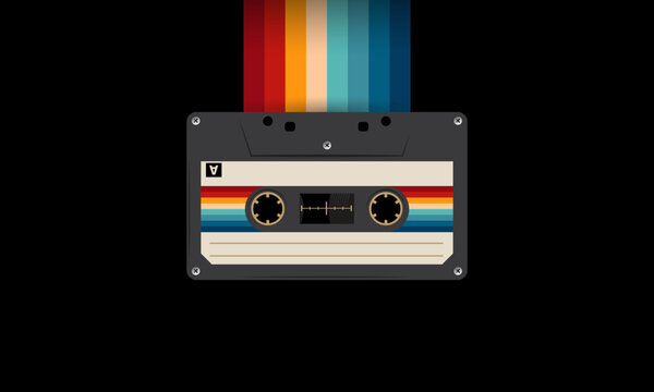 Retro musiccasette with retro colors eighties style, cassette tape, vector art image illustration, mix tape retro cassette design, Music vintage and audio theme,  Synthwave and vaporwave template
