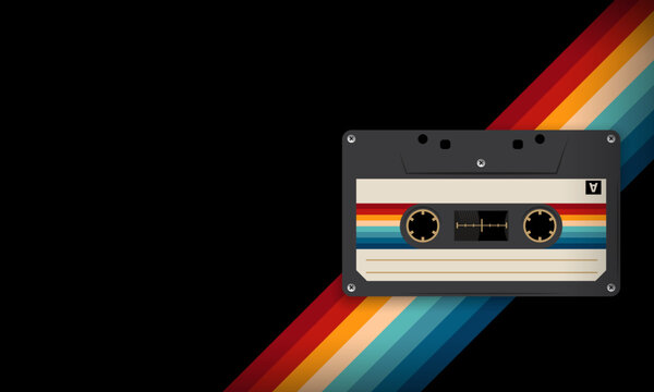 Retro musiccasette with retro colors eighties style, cassette tape, vector art image illustration, mix tape retro cassette design, Music vintage and audio theme,  Synthwave and vaporwave template

