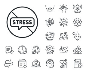 Anxiety depression sign. Online doctor, patient and medicine outline icons. Stop stress line icon. Mental health symbol. Stop stress line sign. Veins, nerves and cosmetic procedure icon. Vector