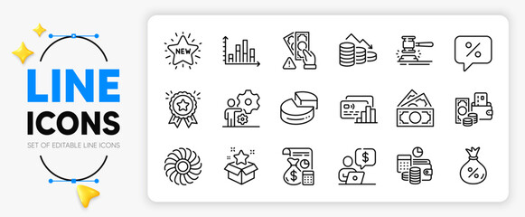 Discount message, Loyalty award and New star line icons set for app include Budget accounting, Accounting, Bribe outline thin icon. Fan engine, Change money, Pie chart pictogram icon. Vector