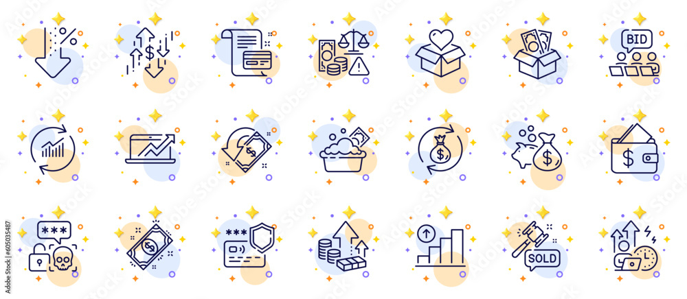 Poster outline set of cyber attack, dollar rate and cashback line icons for web app. include payment, payme
