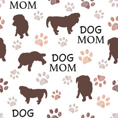 Dog silhouette paw prints Dog mom text. Seamless fabric design pattern