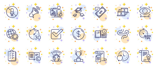 Outline set of Accepted payment, Greenhouse and Documents line icons for web app. Include Checklist, Timer, Winner podium pictogram icons. No microphone, Artificial intelligence. Vector