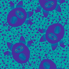 Halloween cartoon monsters seamless kawaii fluffy bats pattern for wrapping paper and fabrics and linens