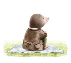 Watercolor vintage summer  composition with small cute mole animal sitting in vintage clothing on grass with blanket isolated on white background. Hand drawn illustration sketch