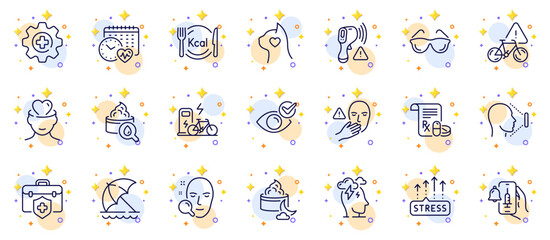 Outline set of Cardio calendar, Electronic thermometer and Medical insurance line icons for web app. Include Beach umbrella, Bike attention, Face search pictogram icons. Pets care. Vector
