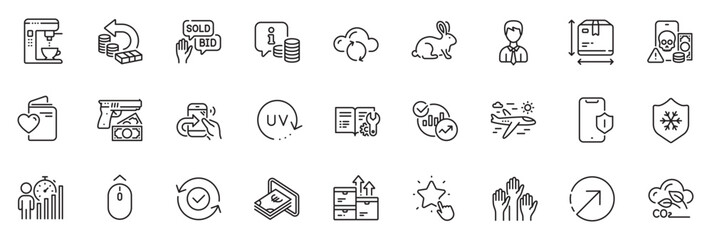 Fototapeta na wymiar Icons pack as Cloud sync, Uv protection and Bid offer line icons for app include Share call, Robbery, Cash outline thin icon web set. Direction, Love document, Ranking star pictogram. Vector