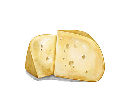 Watercolor vintage delicious food two pieces of yellow cheese with holes isolated on white background. Hand drawn illustration sketch