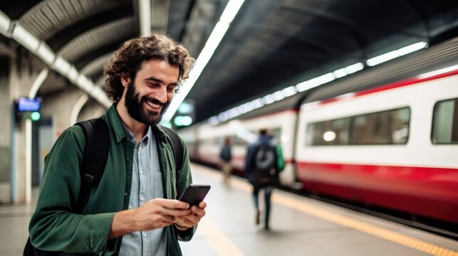 Smiling bearded man looking at his smart phone at a train station. Generative AI